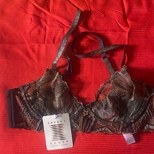 Savage X Fenty Black Lace Underwire Bra with Metallic Gold Threading Size 34B